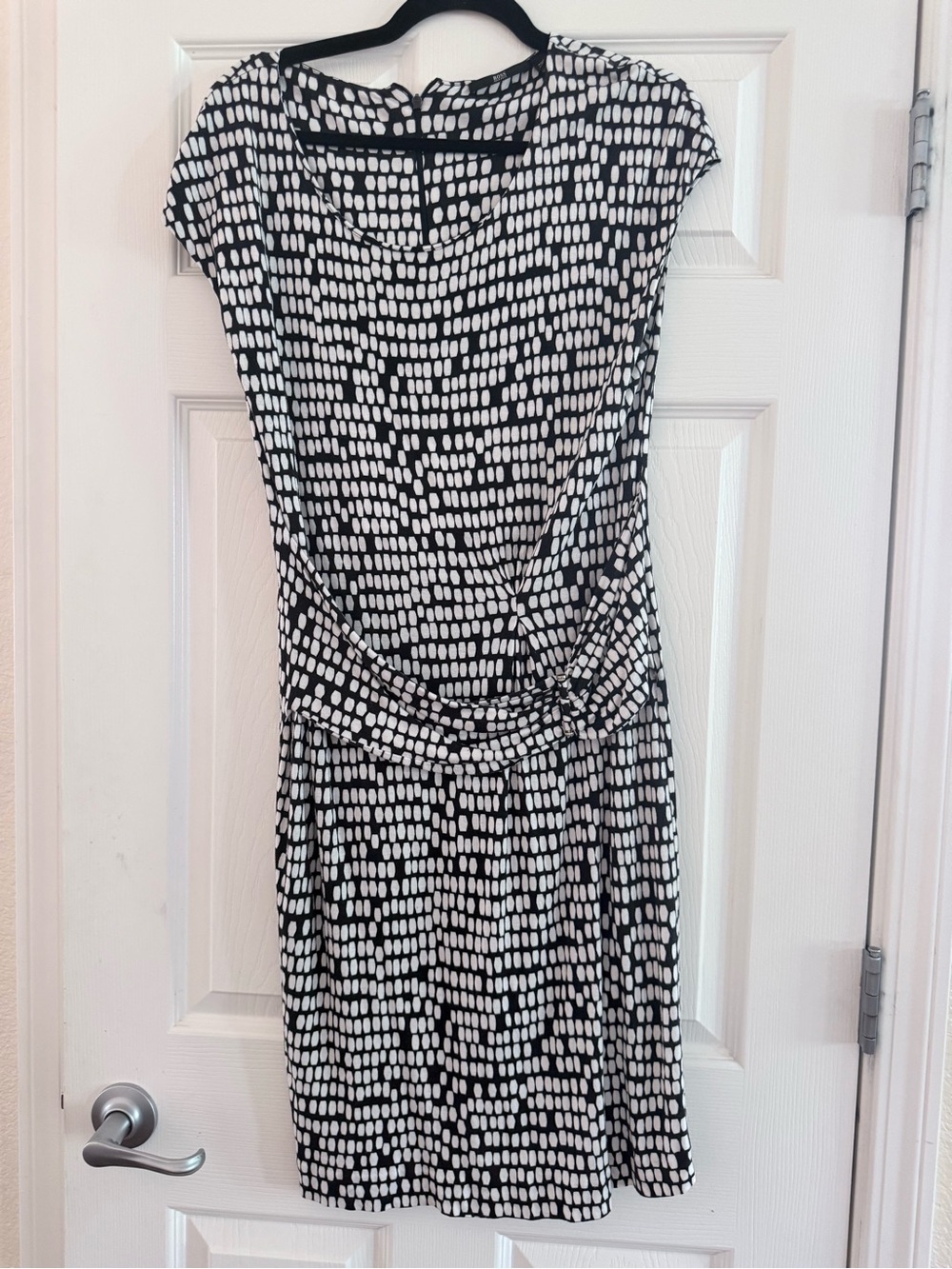 Boss Black and White Midi Dress with Abstract Dot Pattern